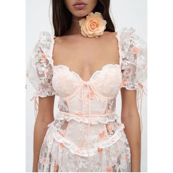 For Love and Lemons Tessa White Floral Appliqué Embroidered Midi Dress Sz M $369 - Picture 2 of 16